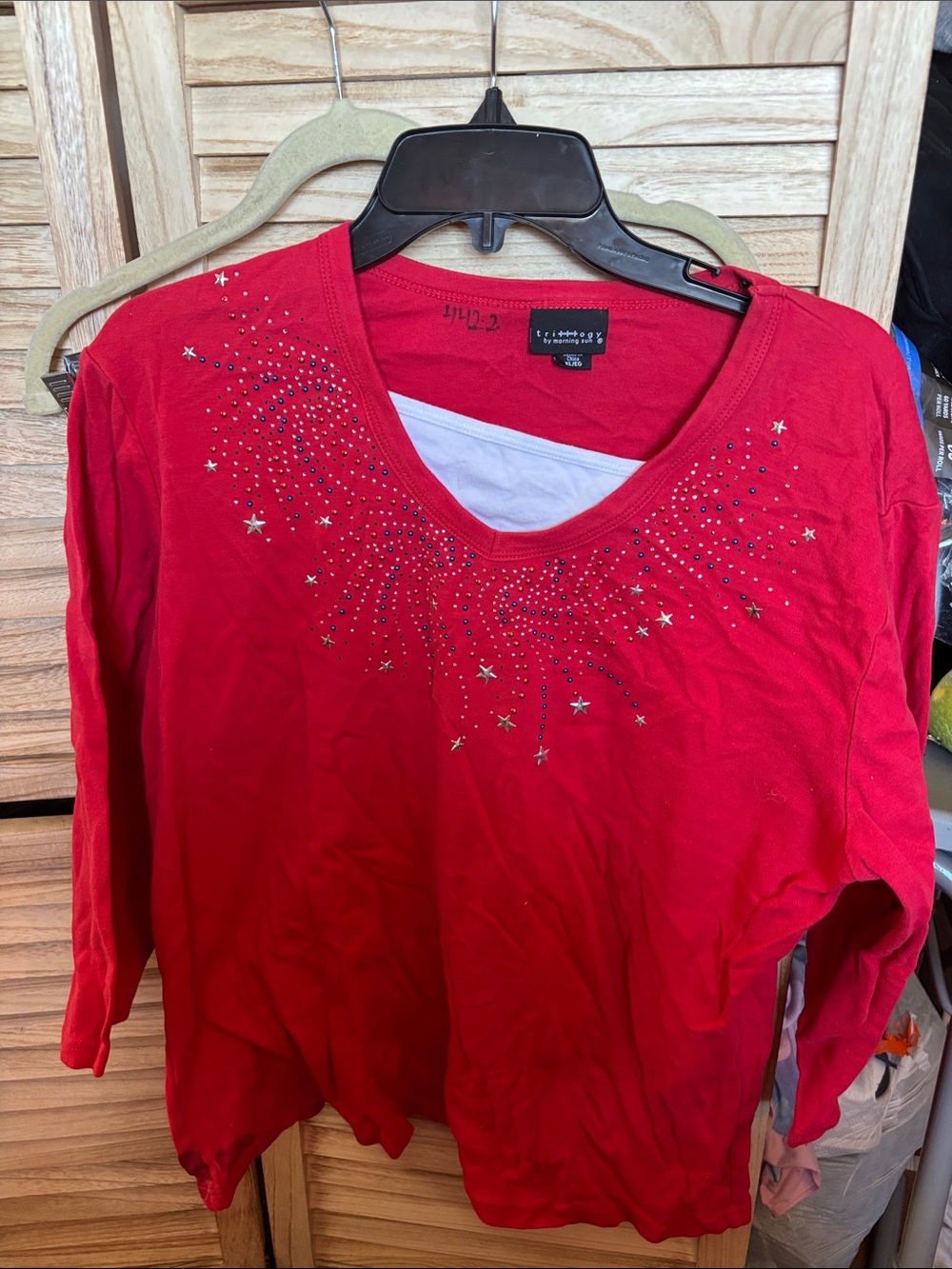 Trillogy Red Long Sleeve Scoop Neck Top with Star and Rhinestone Detail XL